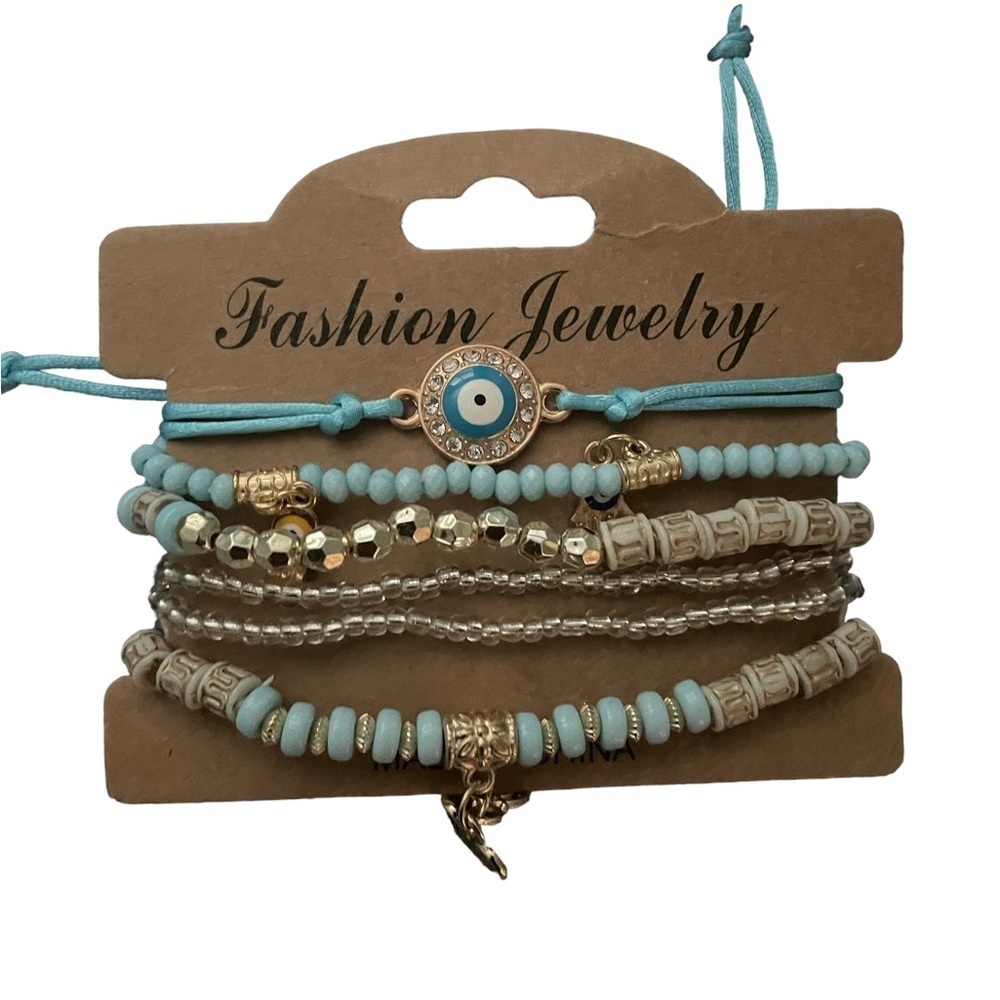 Light Blue WOMEN'S Beaded Multilayer Bracelet Set Boho Hamsa Evil Eye Pendant - Picture 1 of 3